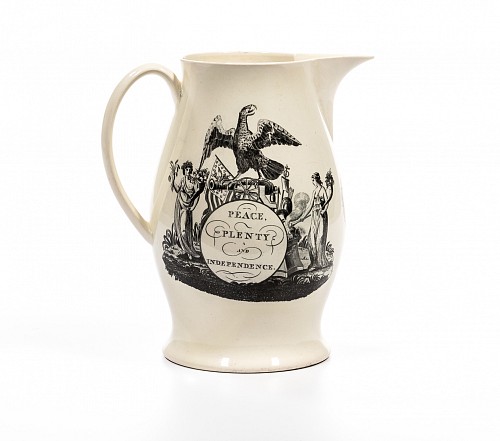 Creamware Pottery American-Market Peace, Plenty and Independence Liverpool Transfer Decorated Creamware Jug, 1800 $4,000