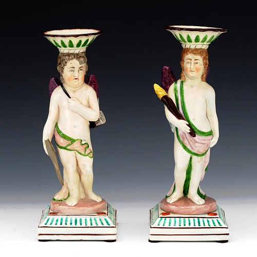 Pearlware "Cupid & The Torchbearer": Pair of Neale & Co. Pearlware Figural Candlesticks, Attributed to Neale & Co., Circa 1800 $2,500