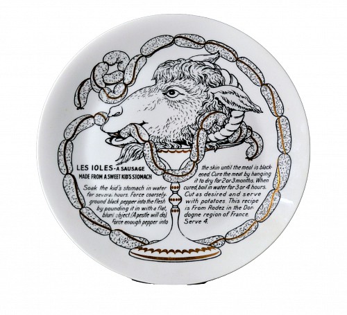 Inventory:  Piero Fornasetti, Piero Fornasetti Fleming Joffe Porcelain Recipe Plate-Les Ioles-A Sausage Made From A Sweet Kid's Stomach, 1960s, $850