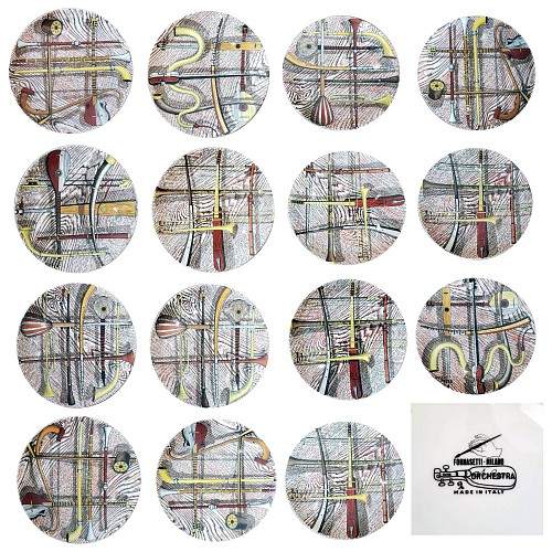 Piero Fornasetti Piero Fornasetti Porcelain Plates Decorated with The Orchestra Pattern. (15 plates), 1980 $4,500