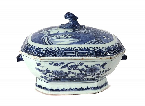 Inventory:  Chinese Export Porcelain, Chinese Export Porcelain Underglaze Blue Botanical Soup Tureen and Cover, 1775, $1,850