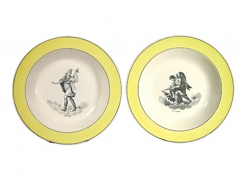French Pottery French Legros D' Anizy Yellow-bordered Soup Plates decorated with Prints of February and October, 1808-1818 $500