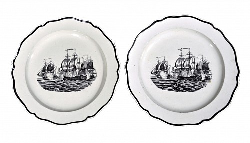 Pearlware Antique English Liverpool Pottery Pearlware Printed Ship Plates, 1785-95 $950