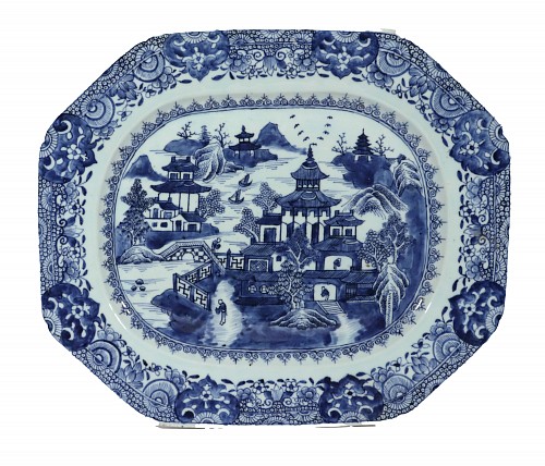 Inventory:  Chinese Export Porcelain, Grand River Landscape: Chinese Export Blue & White Porcelain Large Platter, 1770, $2,500