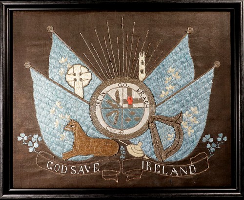 Inventory:  Silkwork, Silkwork of Irish Interest-Erin Go Bragh: Patriotic Irish Silkwork Panel, 1860-1890, SOLD &bull;
