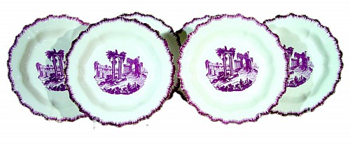 Creamware Pottery Antique English Feather-edge Creamware Set of Four Plates with Puce Decoration, Neale & Company, Circa 1780-85 $2,000