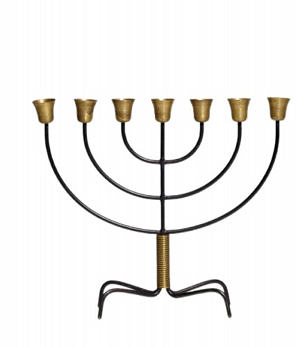 Inventory:  Vintage, Svend Aage Holm S&Atilde;&cedil;rensen Danish Mid-century Modern Steel and Brass Menorah, 1960s, $1,250