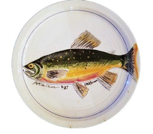 Carole Moses Harman Carole Moses Harman Ceramic Dish Painted with a Fish-an Arctic Char, Dated 1987 $500