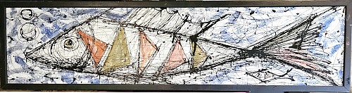 Search:  Modernist, Mid-century Modernist Painting of Stylized Fish and Yachts, Late 20th century, $2,500