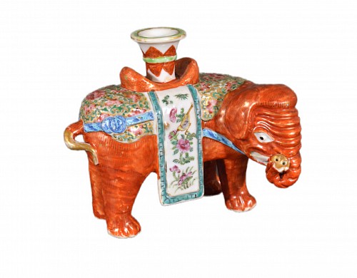 Inventory:  Chinese Export Porcelain, Chinese Export Porcelain Canton Famille Rose Elephant Candlestick, 1860, $2,500