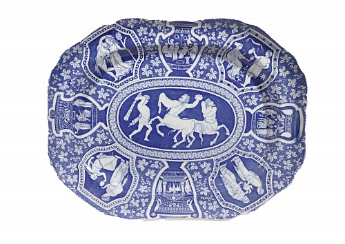 Inventory:  Copeland & Garrett, Copeland & Garrett Pottery Neo-classical Greek Pattern Blue Large Dish, Centaurs Battling Theseus, 1833-47, $1,500
