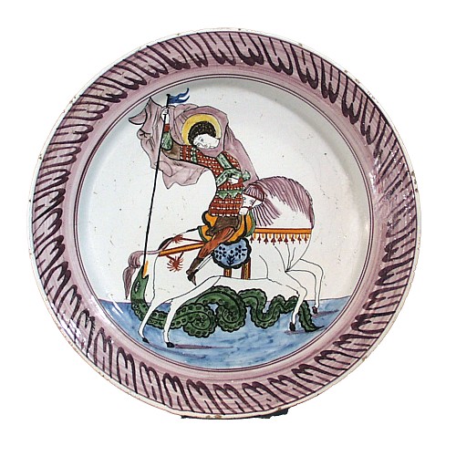 Inventory:  Dutch Delft, Faience Dish decorated with St George & the Dragon, 19th Century, $500
