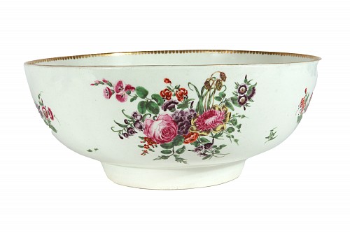 Search:  First Period Worcester Porcelain, First Period Worcester Porcelain Botanical Punch Bowl decorated by James Giles, 1770, $3,750