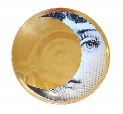 Inventory:  Fornasetti Atalier, Fornasetti Porcelain Surreal Gold Themes & Variation Plate, Pattern # 39, 2000, $795