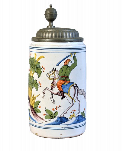 German Faience German Faience (Tin-glazed Earthenware) Pewter-mounted Tankard, Probably Thuringia, Circa 1750 $500