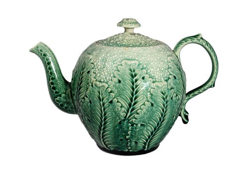 Inventory:  Majolica, American Etruscan Majolica Teapot in the form of a Cauliflower, 1880s, $1,250