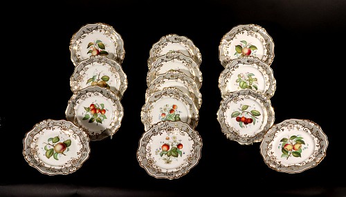 British Porcelain Ridgway Porcelain Botanical Eighteen Piece Dessert Service with Fruit, Circa 1830 $12,500
