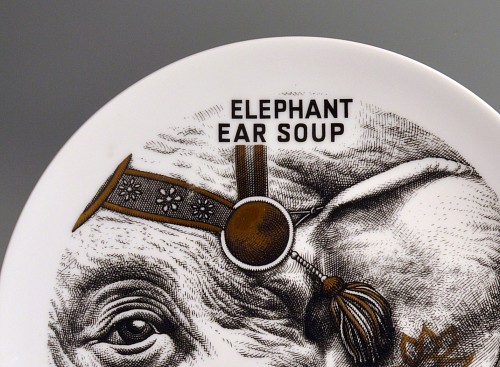 Inventory:  Piero Fornasetti, Piero Fornasetti Fleming Joffe Porcelain Plate- Elephant Ear Soup, 1960s, $600
