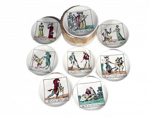 Inventory:  Piero Fornasetti, Piero Fornasetti Complete Set of Eight Ceramic Coasters, Il Mondo Alla Rovecia Pattern, (&acirc;The topsy-turvy world&acirc;), 1960s, $850