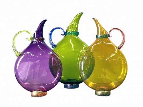Inventory:  American Glass, Art Glass Hand Blown Flat Transparent Glass Pitchers, Set of Three. Nine Iron Studios, Pa., 2007, $3,000