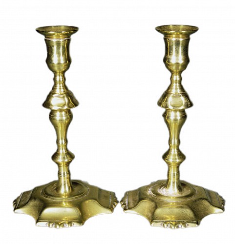 Brass English Brass Candlesticks with Petal Base- Pair, 1760-80 $1,250