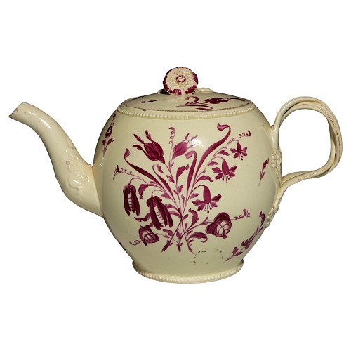 Search:  Creamware Pottery, English Creamware Large Teapot with Puce Flower Painted Decoration, 1770, $1,950