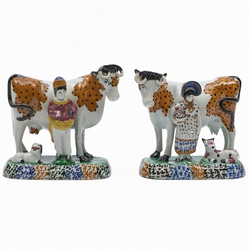 British Pottery English Yorkshire Prattware Pottery Figures of Cows with Attendants, 1810 $3,750