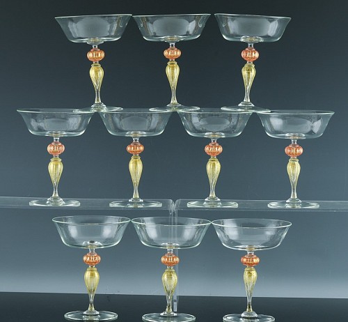 Inventory:  Murano Glass, Murano Renaissance-inspired Art Glass Champagne Coupes-Set of Ten, 1960s, $1,850
