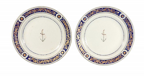 Inventory:  Chinese Export Porcelain, Chinese Export Porcelain Armorial Crested Pair of Plates, Bird & Anchor, Possibly Gray Family, 1800, SOLD &bull;