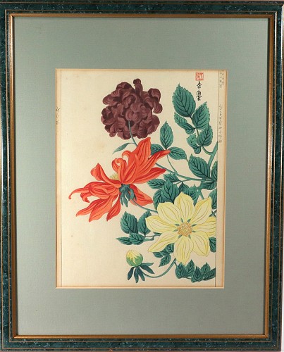 Inventory:  Japanese Woodblock Print, Japanese Woodblock Botanical Print of  Three Distinct Varieties of Dahlia by Tanigami K&Aring;non, 1939, $750