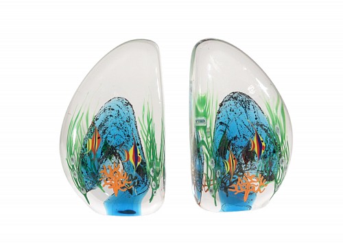 Vintage Art Glass Zellique Studios Coral Reef Blown and Molded Aquarium Bookends, Dated 2000 $750