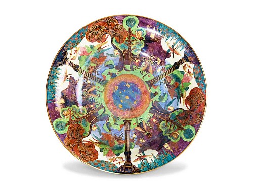 Inventory:  Wedgwood Porcelain, Wedgwood Fairyland Lustre Charger "Garden of Paradise", Daisy Makeig-Jones, 1920s, $4,500