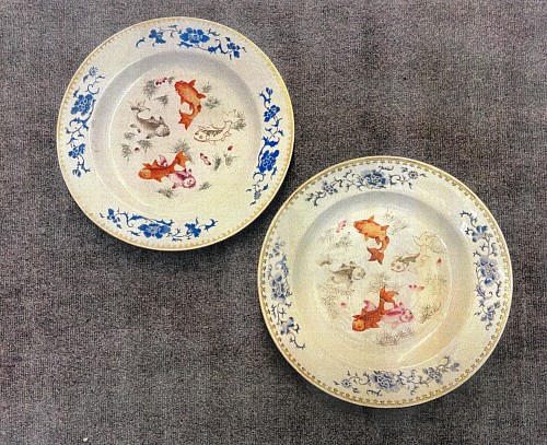 Inventory:  Chinese Export Porcelain, Chinese Export Porcelain Circular Famille Rose & Blue Enamel Dishes With Goldfish, 1730, SOLD &bull;