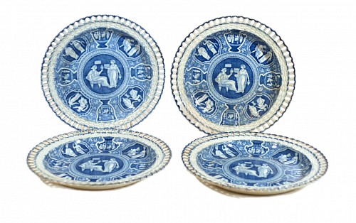 Spode Factory Spode Neo-classical Greek Pattern Blue Openwork Dessert Plates, Four Plates (4), Ceres with a Priestess, 1810 $1,250