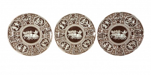 Inventory:  Spode Factory, Spode Neo-classical Greek Pattern Rare Brown Plates-Zeus in His Chariot, Set of Three, 1810, $1,200