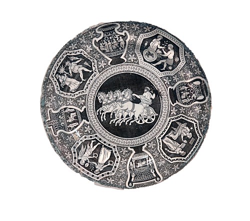 Inventory:  Spode Factory, Spode Neo-classical Greek Pattern Rare Black Dinner Plate- Zeus in His Chariot, 1810, $400