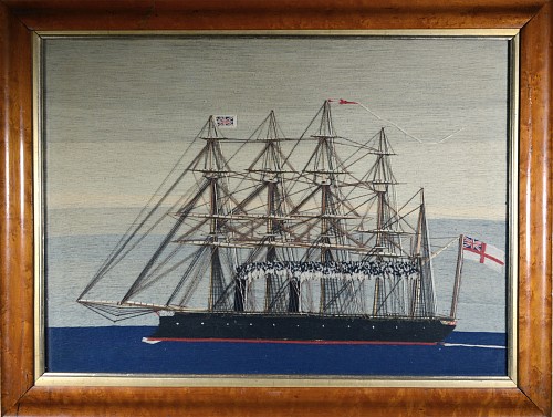 Sailor's Woolwork Sailor's Woolwork of Royal Navy Five-masted Ship under Steam, Minotaur Class Broadside Ironclad, 1870-80 $4,250