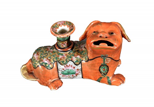 Inventory:  Chinese Export Porcelain, Chinese Export Canton Porcelain Foo Dog Candlestick, 1860, $850
