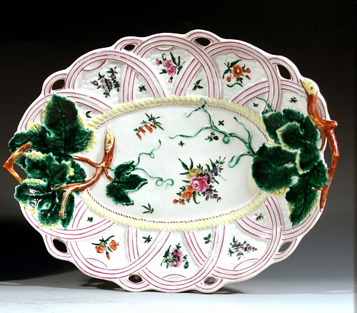 Inventory:  First Period Worcester Porcelain, First Period Worcester Porcelain Basket Weave & Leaf Dishes, 1758-60, $6,500
