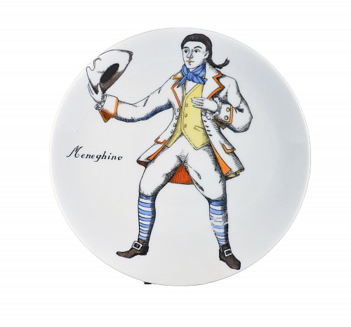 Inventory:  Piero Fornasetti, Piero Fornasetti Porcelain Commedia Dell'arte Maschere Italiane Porcelain Plates, Italian Masks-A Set of Four, 1970s, $2,200