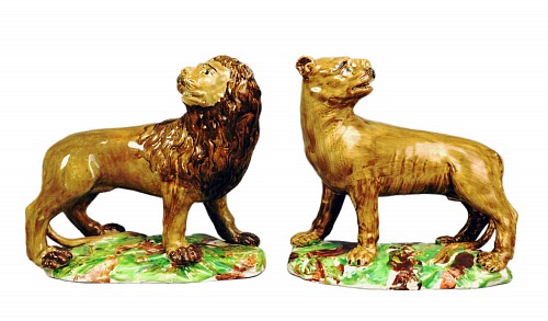 Inventory:  Pearlware, 18th Century English Pottery Pearlware Lion & Lioness Figures- Ralph Wood Type, 1780-1800, $5,000