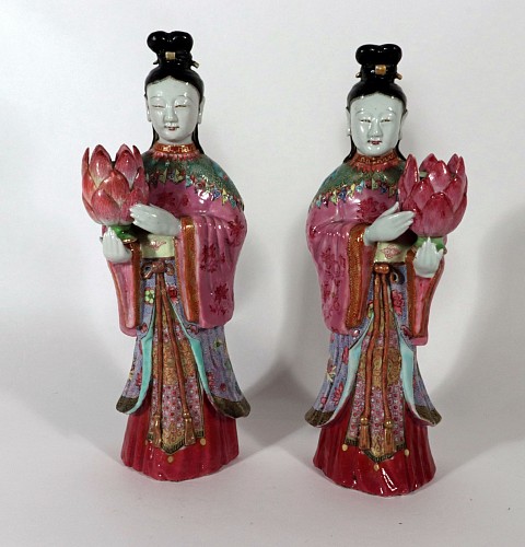 Inventory:  Chinese Export Porcelain, Chinese Export Porcelain Maiden Lotus Candlesticks, A Pair, 1775, SOLD &bull;