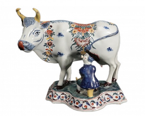 Inventory:  Dutch Delft, Dutch Delft Polychrome Model of a Cow Milking Group, Marked De Twee Scheepjes Pottery, 1765-70, SOLD &bull;