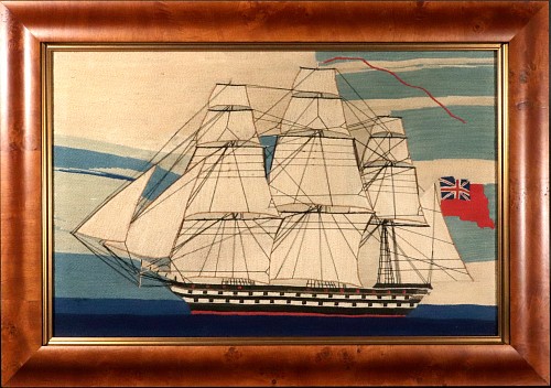 Sailor's Woolwork British Maritime Folk Art: A Royal Navy Second-Rate Under Full Sail, 1860-65 SOLD &bull;