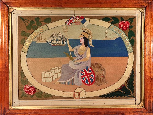 Inventory:  Sailor's Woolwork, Large Sailor's Woolwork of Britannia with Ships Celebrating Trade and Commerce, 1875-85, $11,000
