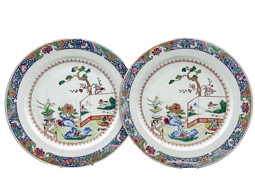 Inventory:  Chinese Export Porcelain, Pair of Chinese Export Porcelain Famille Rose &acirc;Garden&acirc; Dishes, 1750-65