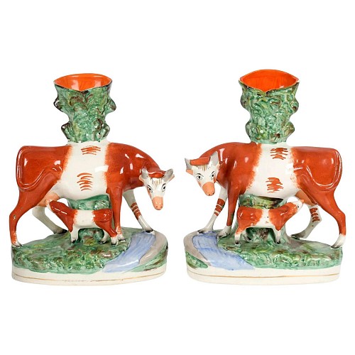 Inventory:  Staffordshire, Staffordshire Pottery Cow Figure Spill Vases, 1860-80, SOLD &bull;
