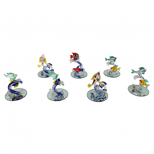 Mid-century Modern Vintage Italian Murano Blown Glass Fish Figures-A Set of Seven, 1970s $250