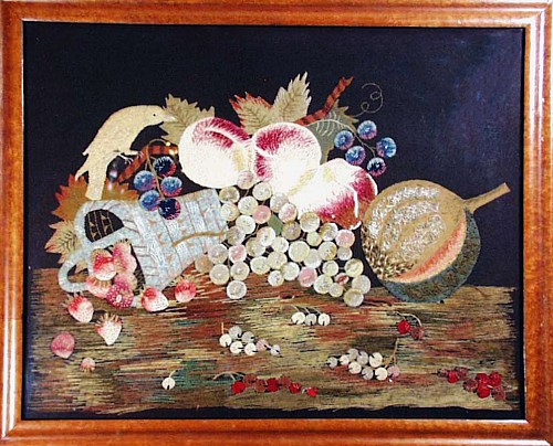 Fine British Feltwork Applique of Fruit and Parrot, Circa 1850 SOLD &bull;