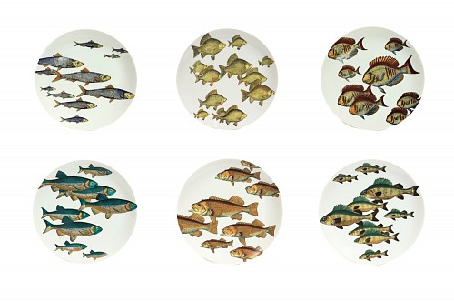 Piero Fornasetti Piero Fornasetti "Pesci" Porcelain Plates, Set of Six Plates- School of Fish, 1970-80s $3,750